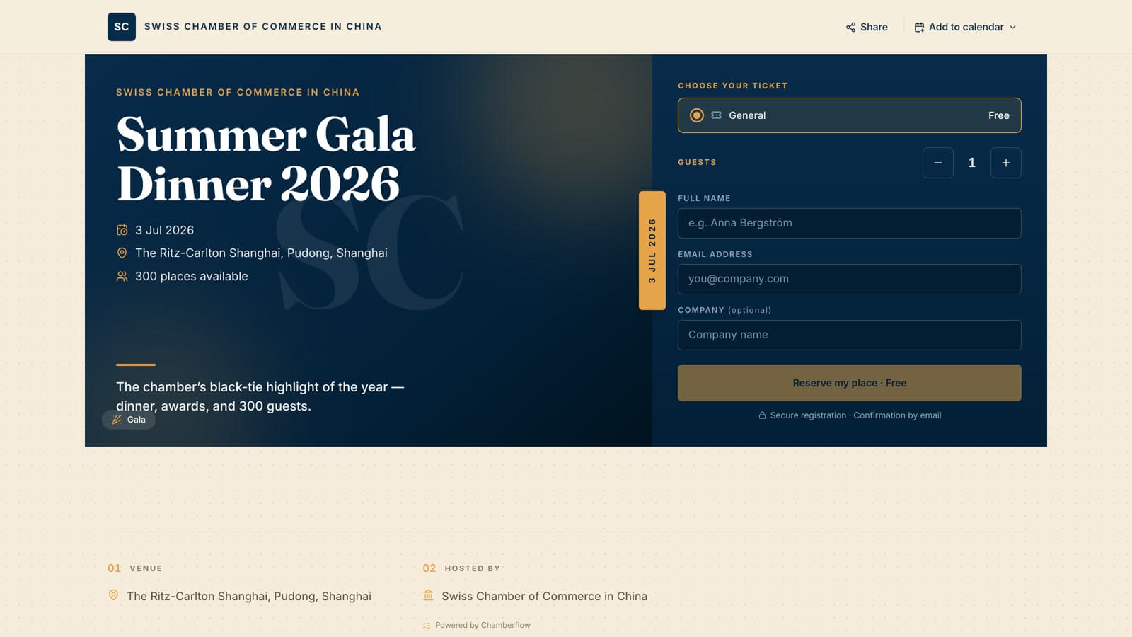 A branded public event page with online registration
