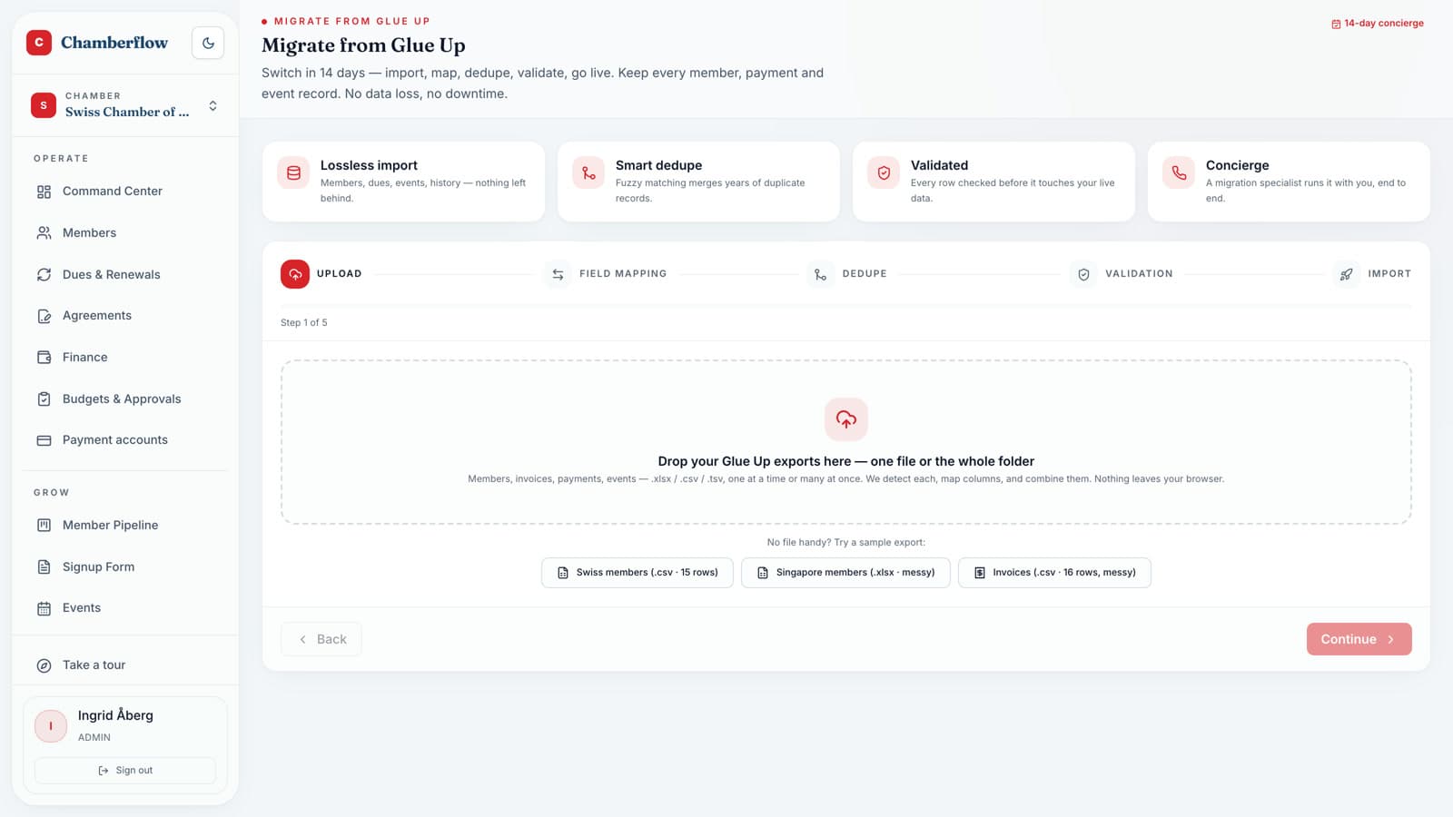 The Glue Up migration wizard — upload, map, dedupe, validate, import